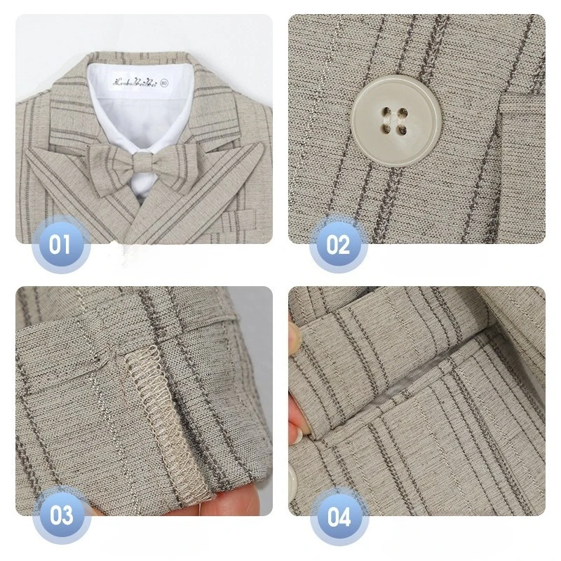 School Boys Striped Formal Suit 5PCS Set Double Breasted Blazer Shirt Vest Pants Bowtie Kids Wedding Party Costume for 2-12 Year