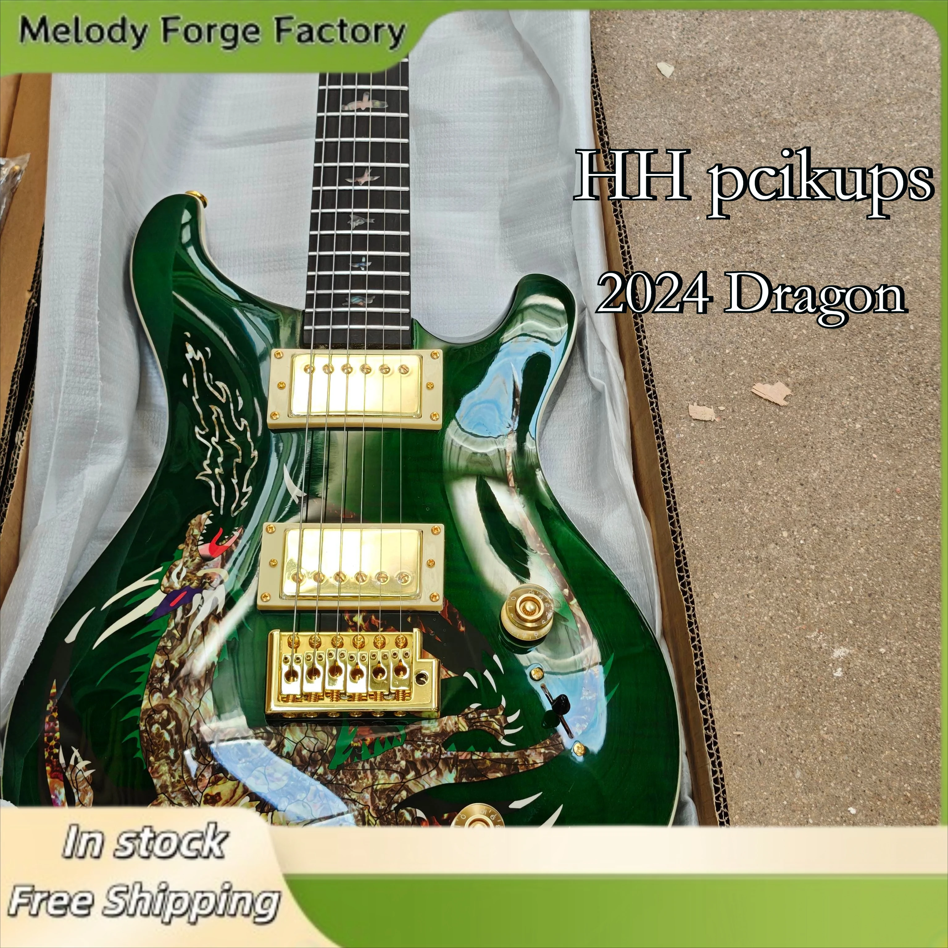 

Green Dragon Inlay PRS Electric Guitar with Flamed Top, Dual Humbucker Pickups 22-Fret Scale, Fixed Bridge & Wood Body