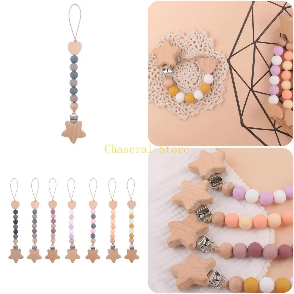 

E7CE Wooden Bead Pacifier Clips Silicone Dummy Chain Holder Newborn Soother Chains Nipple Holder for Babies Teething Toy Baby