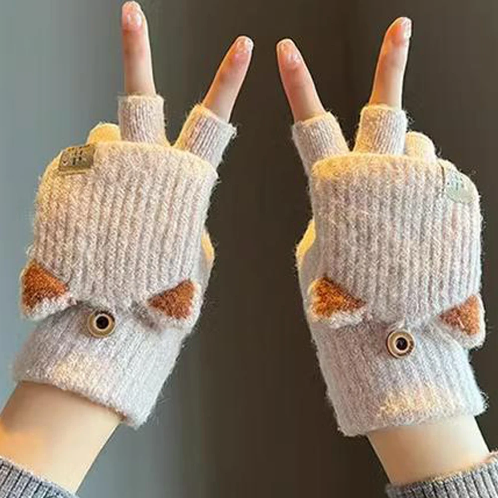 Fashion Half Finger Gloves with Flip Cover Dual-use Short Fingerless Half Finger Winter Gloves Women Warm Cat Knitting Mittens