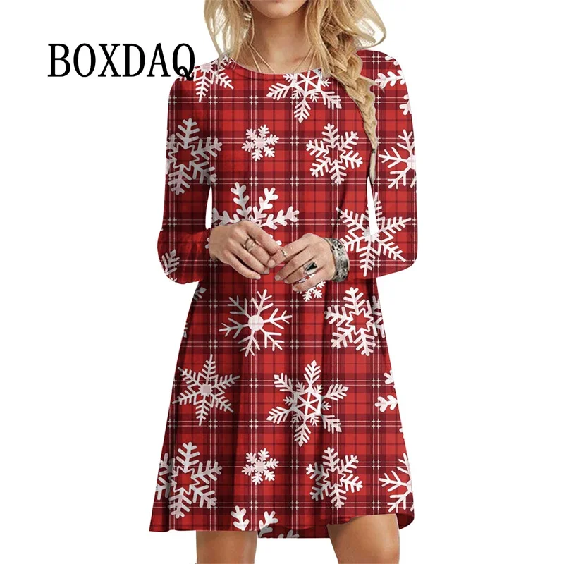 Winter New Women Dress Festival Christmas Party Mini Dress Snowflake Print A-Line Dress Autumn Casual Long Sleeve Femme Robe