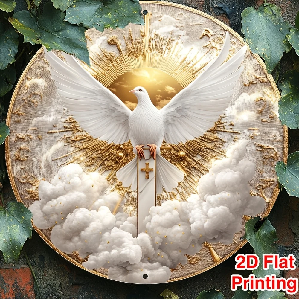 HD Tin Sign, Holy Spirit Dove with Cross Round Metal Wall Art, Religious Christian Decor for Home Church