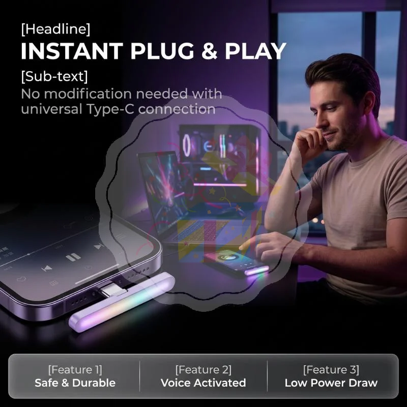 USB C RGB Sound Activated Rhythm Light Voice Pickup LED Ambient Lamp Easy Install for Car Interior Use