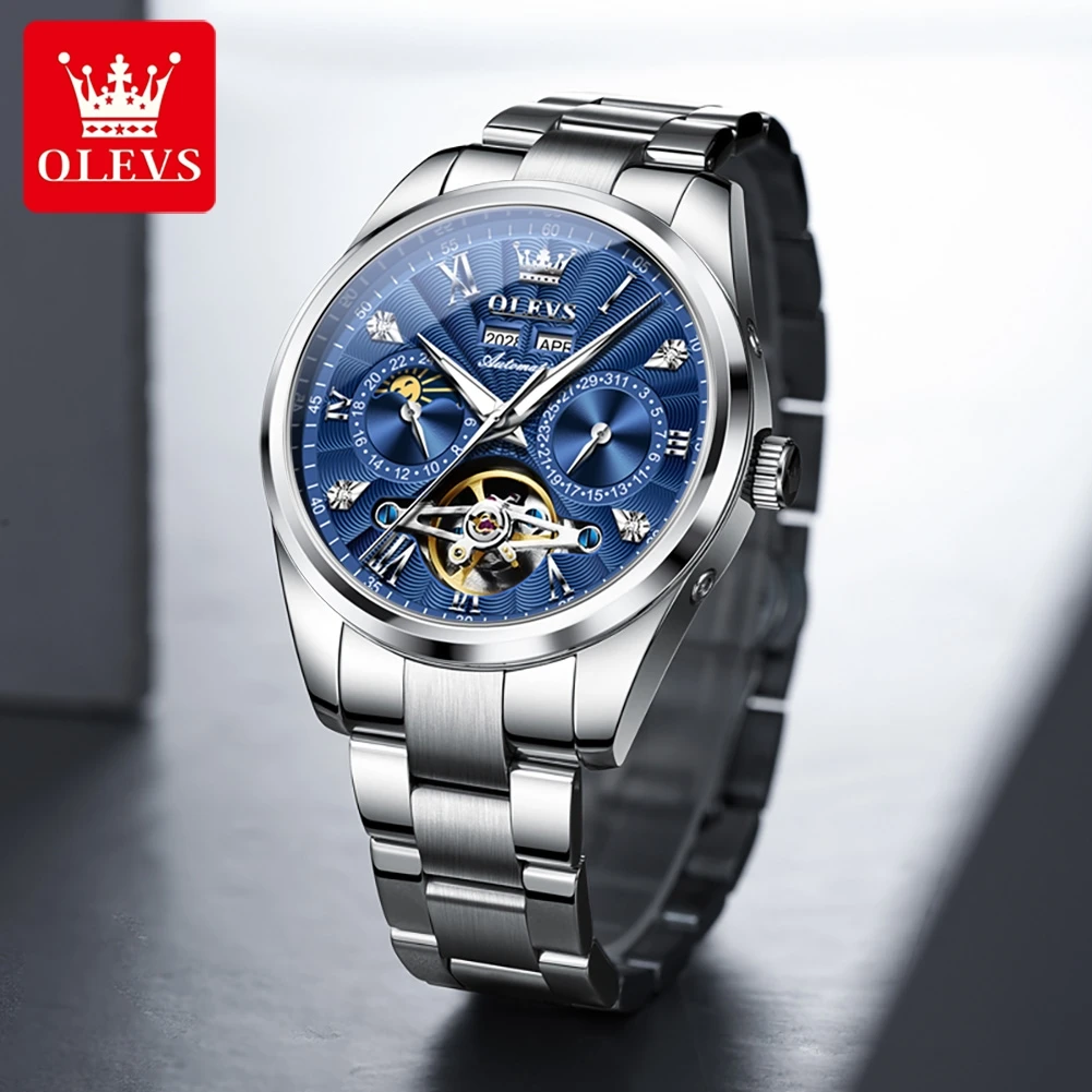 OLEVS 2024 Skeleton Flywheel Automatic Watches for Men High end Luxury Original Mechanical Men's Wristwatch Moon Phase Man Watch