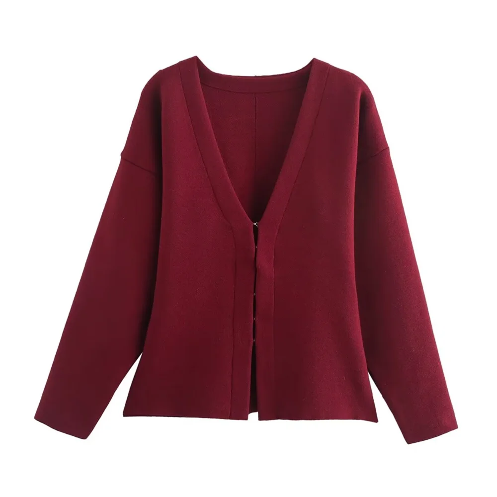 

TRAF Autumn New Product Women's Fashion Casual V-neck Simple Knitted Slimming Long Sleeve Cardigan Shirt Coat