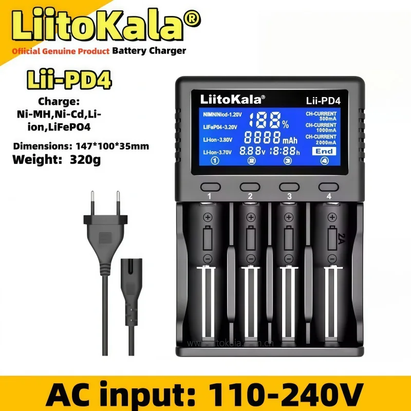 LiitoKala Lii-PD4/PD2 AC PD Charger LCD Fast Charging 4/2-Bay for 21700/18650/AA/AAA Multi-Protection Auto-Detect