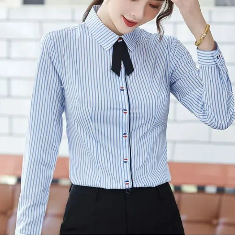 Spring Thin Striped Blouses Women\'s Commute All-match Polo Collar Loose Solid Color Casual Single-breasted Long Sleeve Shirts