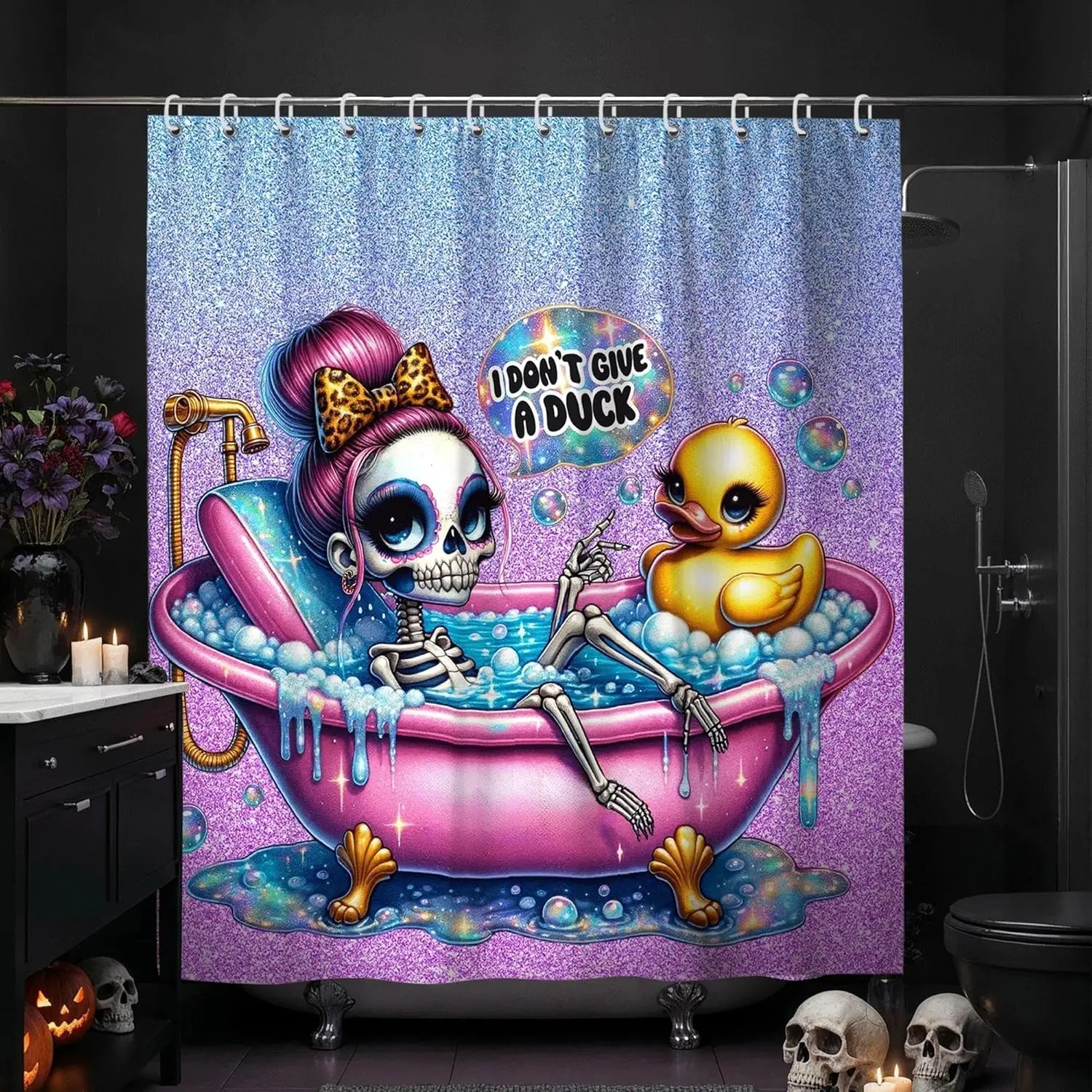 Spooky Halloween Skull Skeleton Bath Shower Curtain Pink Bathtub Decor Cute Pop Art Duck Accessory Bathroom Home Decoration