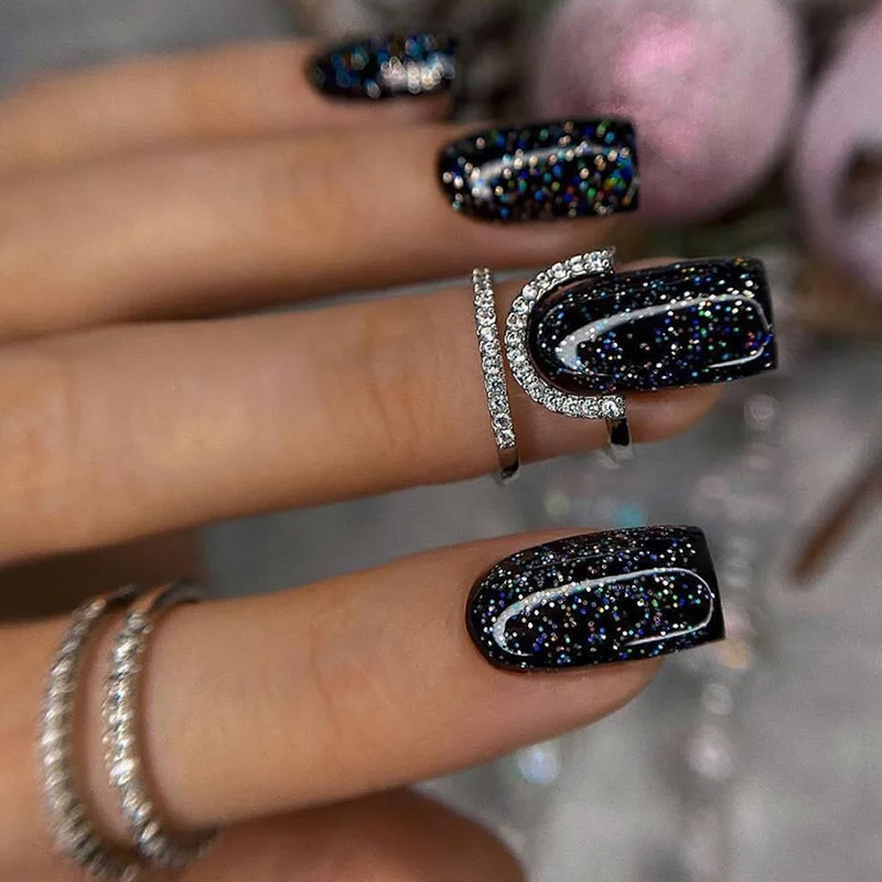 

24pc Instagram style Cosmic Black Cool Cosmic Nails Glitter Euro Square Press-Ons Medium Length & Mix Sizes