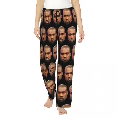 Custom Printed Funny Kanye West Meme Pajama Pants Women's Rapper Music Producer Sleep Sleepwear Bottoms with Pockets