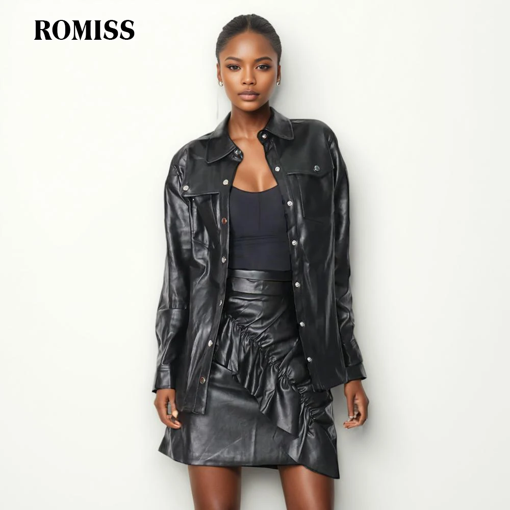 

ROMISS Leather Two Piece Sets For Women Lapel Long Sleeve Tops High Waist Patchwork Ruffles Mini Skirts Solid Set Female New