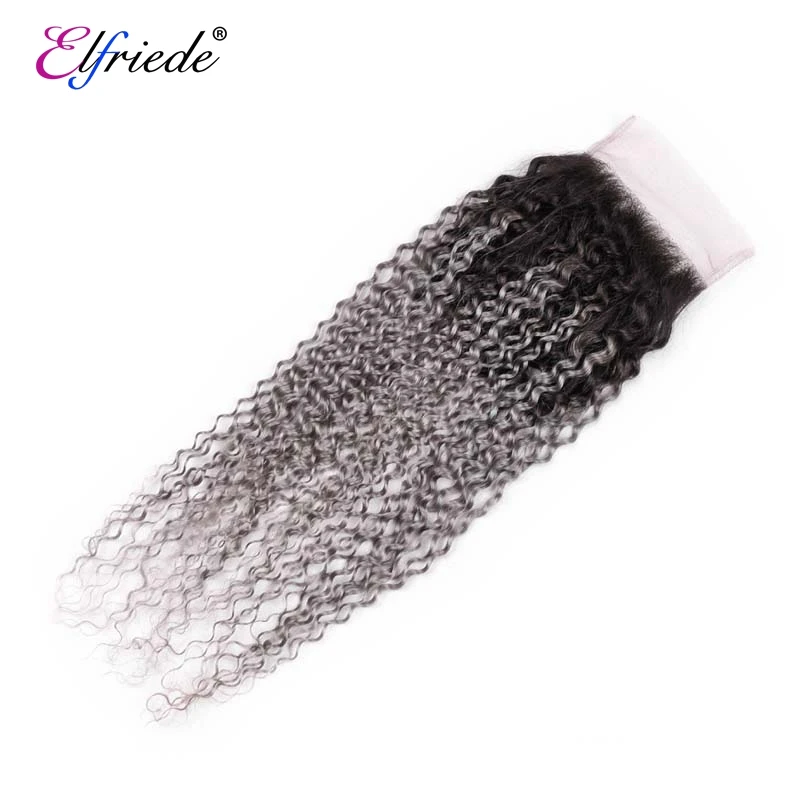 Elfriede-Mèches Brésiliennes Naturelles Crépues et Bouclées, Cheveux Humains Gris Ombré avec Closure, Tissage en Lot de 3, 4x4, # T1B