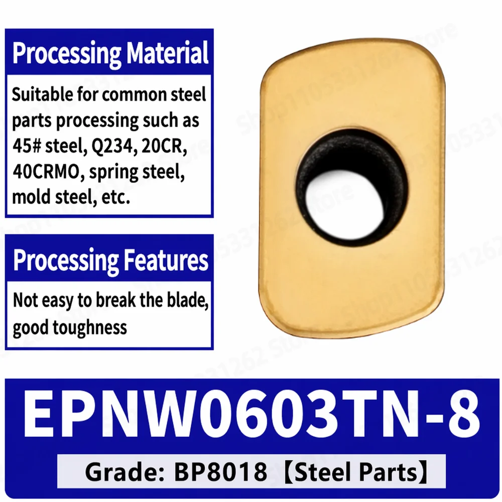 EPNW0603TN-8 Carbide Milling Insert High Feed Wear-Resistant High Surface Finish for Steel Stainless Cast Iron High-Temp Alloy