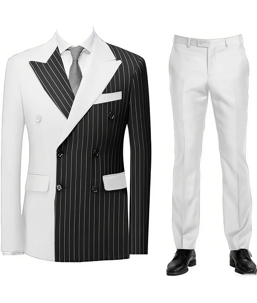 

Men's Formal 2-Piece Suit Set with Asymmetrical Contrast Stripe Design Double Breasted Wedding Prom Stage Wear with Blazer Pants