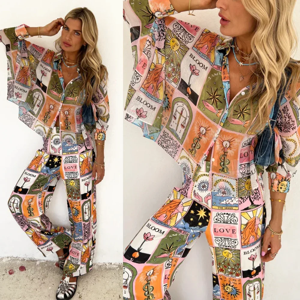 

Bat Sleeve Print Loose Two Piece Set Women Lapel Long Sleeves Single-breasted INS Casual Home Trousers Two-piece Set