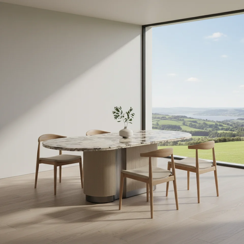 New Modern Oval Dining Table with Marble Top and Stainless Steel Legs Stable for Villa and Apartment