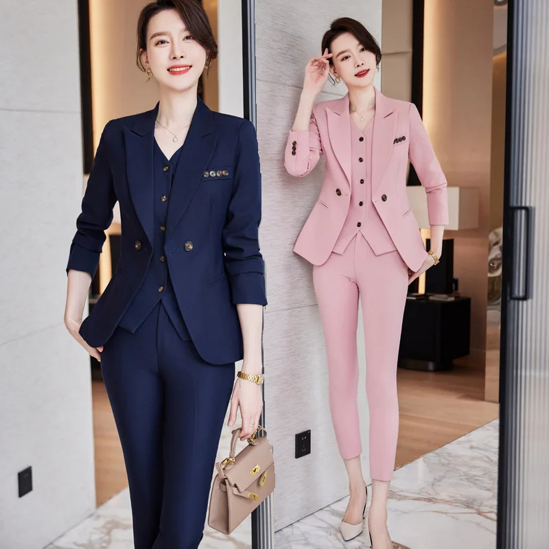 

Navy Blue Suit Women's Business Wear Fall Winter Fashion High Sense Elegant Business Suit Vest Three-Piece Work Clothes