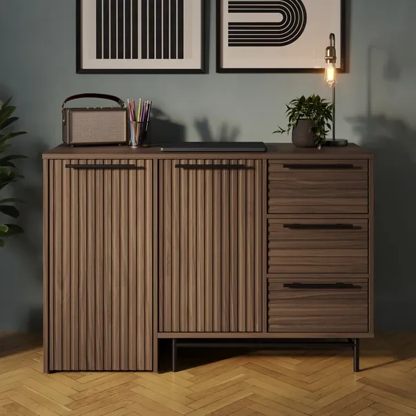 Swivel Desk Modern Brown Pull Out Desk with Drawers and Doors Spacious Storage Room for Office Working Desk