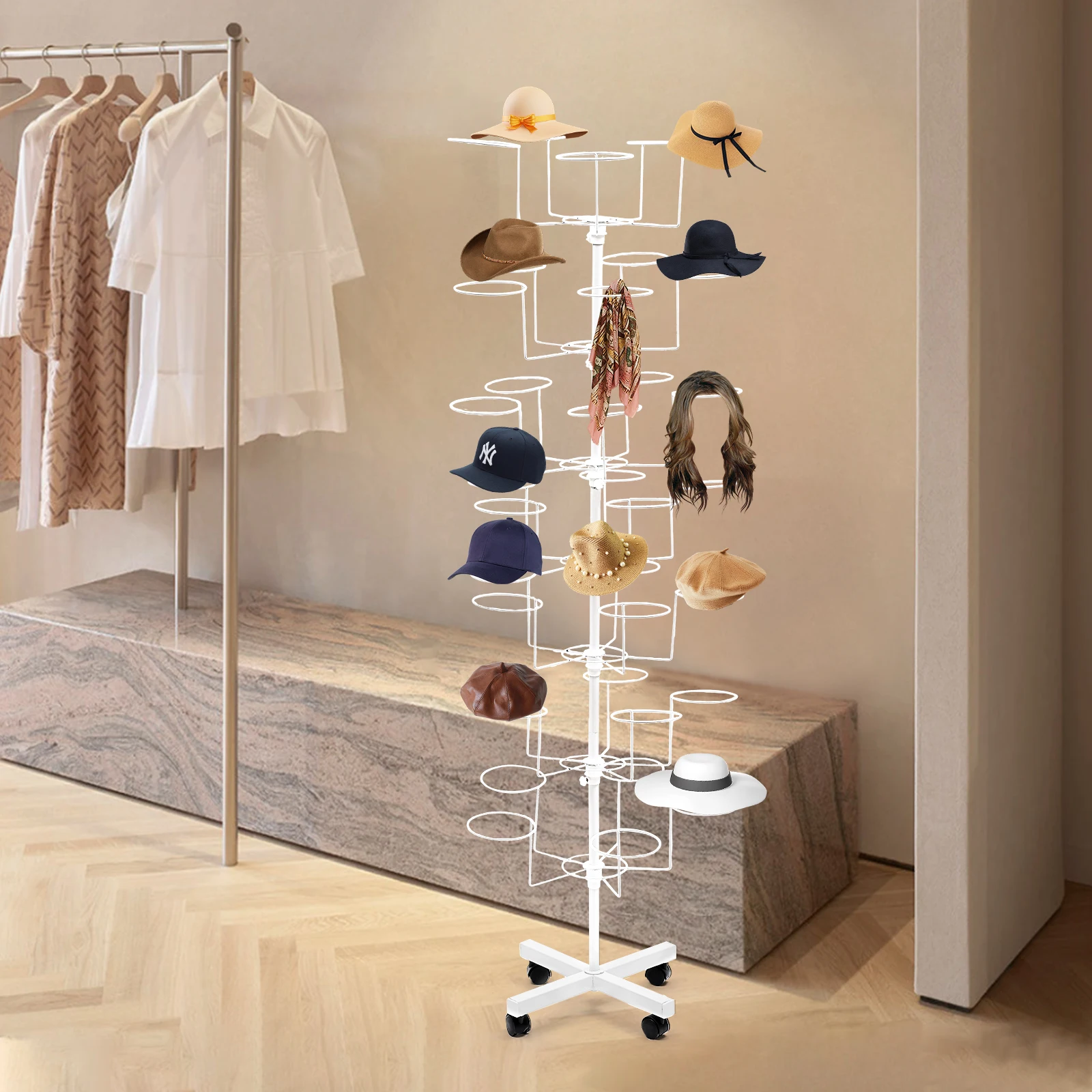 7-Tier Rotating Hat Display Rack, 35 Hooks Metal Freestanding Retail Display Stand Commercial Large Headwear Wig Rack Metal Floor Rack for Hats and Wigs