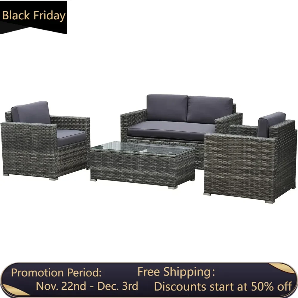 

4-piece Willow Garden Furniture Set with Cushion, 2 Double Sofas and Glass Terrace Coffee Table, Grey