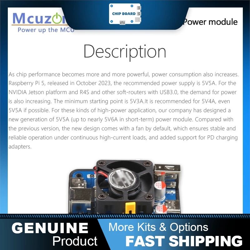 5V5A PD power module with dual USB-C and USB-A ports for Raspberry Pi 5, accepting USB-C PD 12V or DC5.5 input sources.
