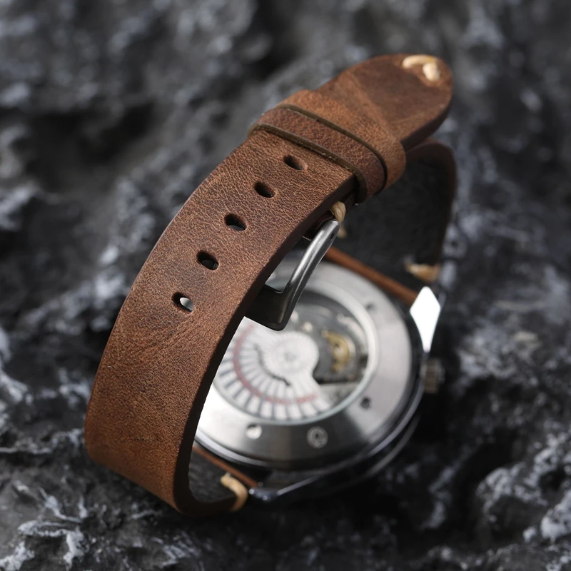 Vintage Handmade Genuine Leather Watchband 18 20 22MM Old Brown Black Soft Men's Watch Strap image 5