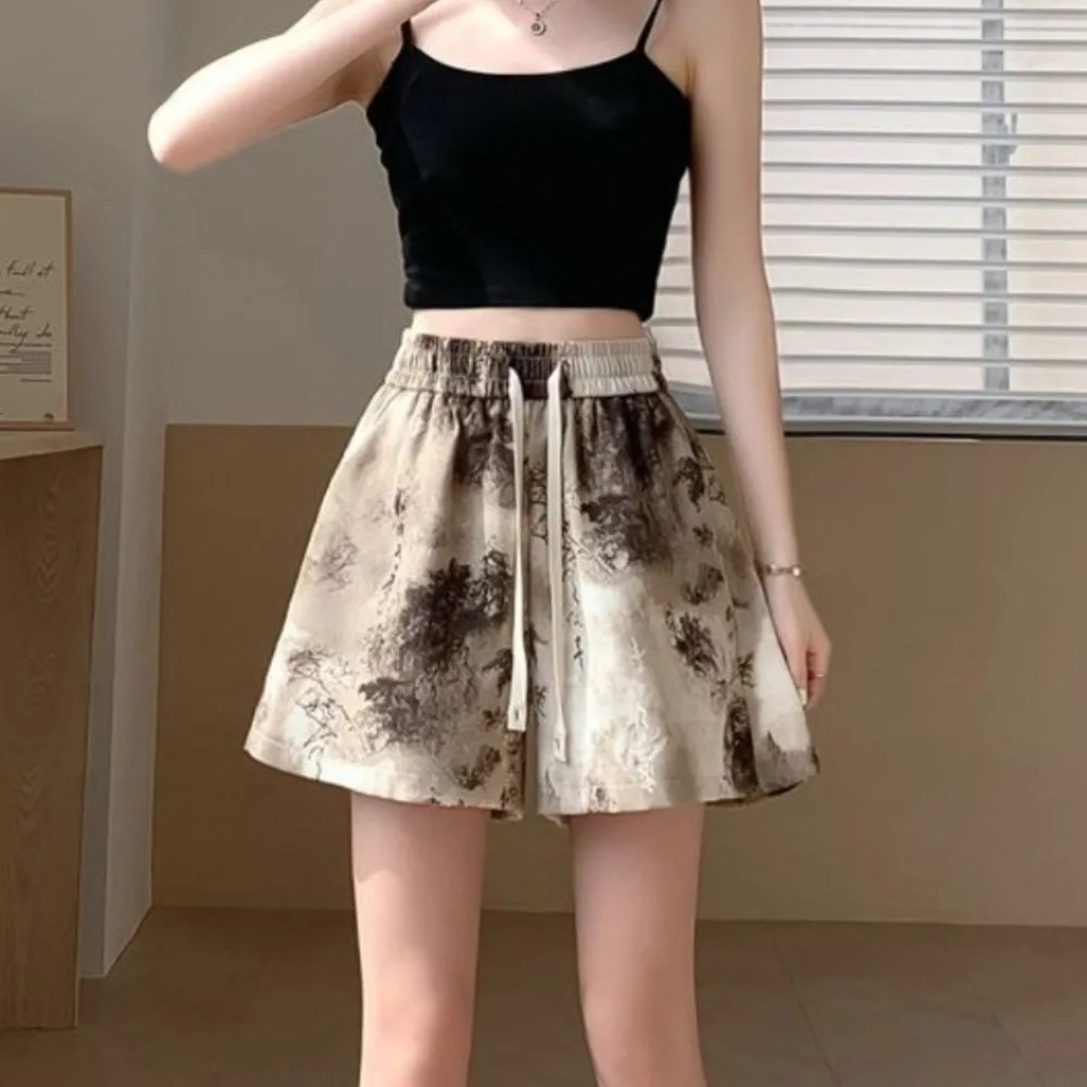 

Vintage Loose Beach Short Pants Thin Ink Painting Quick Dry Shorts Drawstring High Waist Surf Pants Girls