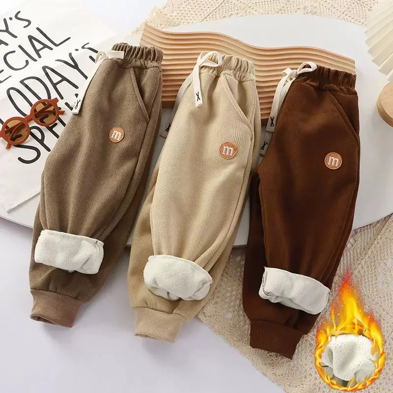 New Winter Boys Pants Solid Color Letter Plus Velvet Thick Warm Trousers for 2-10 Years Kids Casual Sweatpants Children Clothe