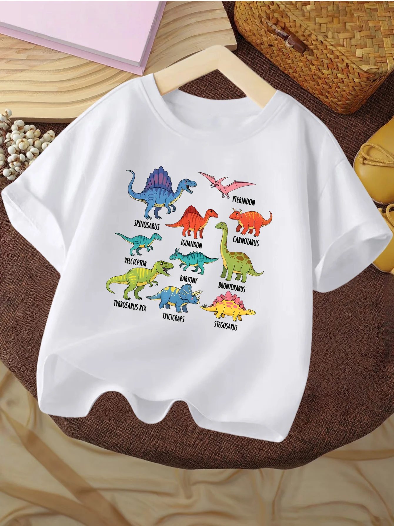 Colorful Various Dinosaurs With Name Label Cute Dino Print Kids T Shirt Boys Girls Family Matching Summer Crew Neck Casual Tee