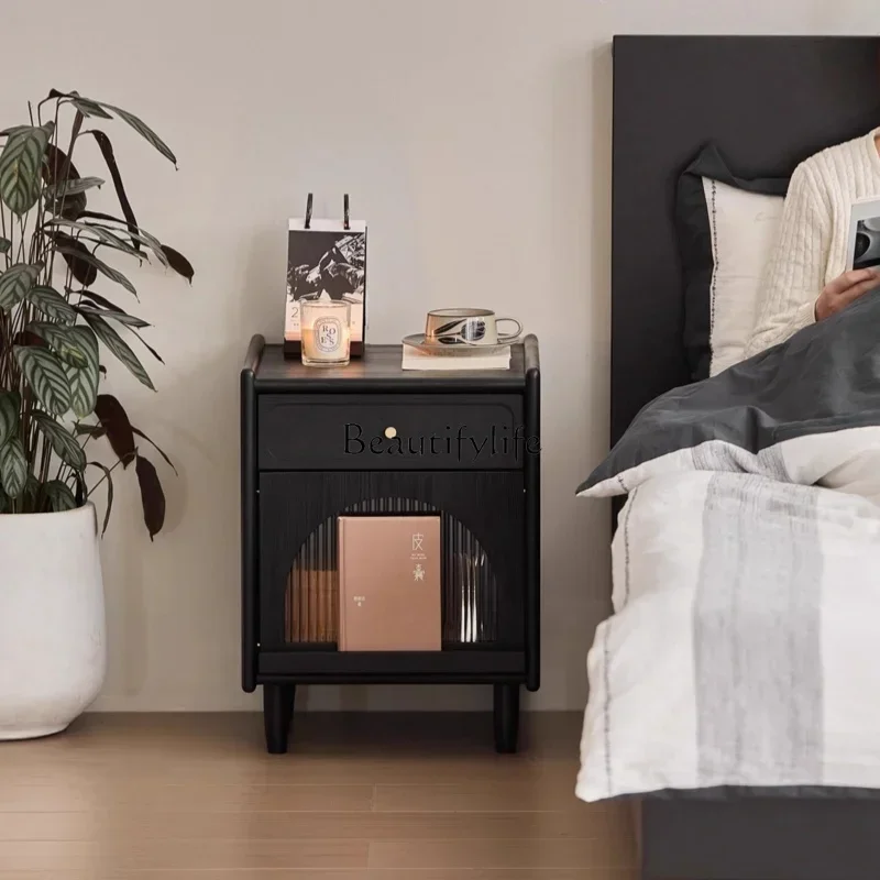 

LBlack solid wood bedside table Italian minimalist storage ash wood bedroom bedside table