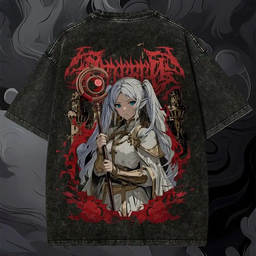 Frieren: Beyond Journey's End Anime T-Shirt Frieren Short Sleeve Vintage Washed Graphic Print Gothic Dark Fantasy Magic Staff
