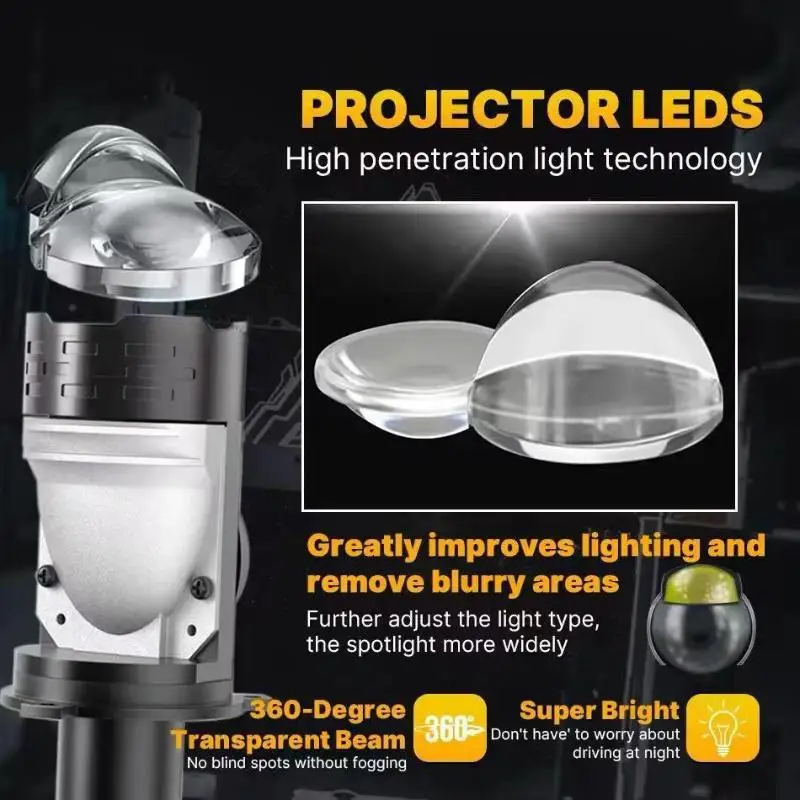 H4 Bi LED Projector Headlight Bulbs Turbo Canbus High Low Beam 6000K Cool White No Flicker for Auto Night Travel