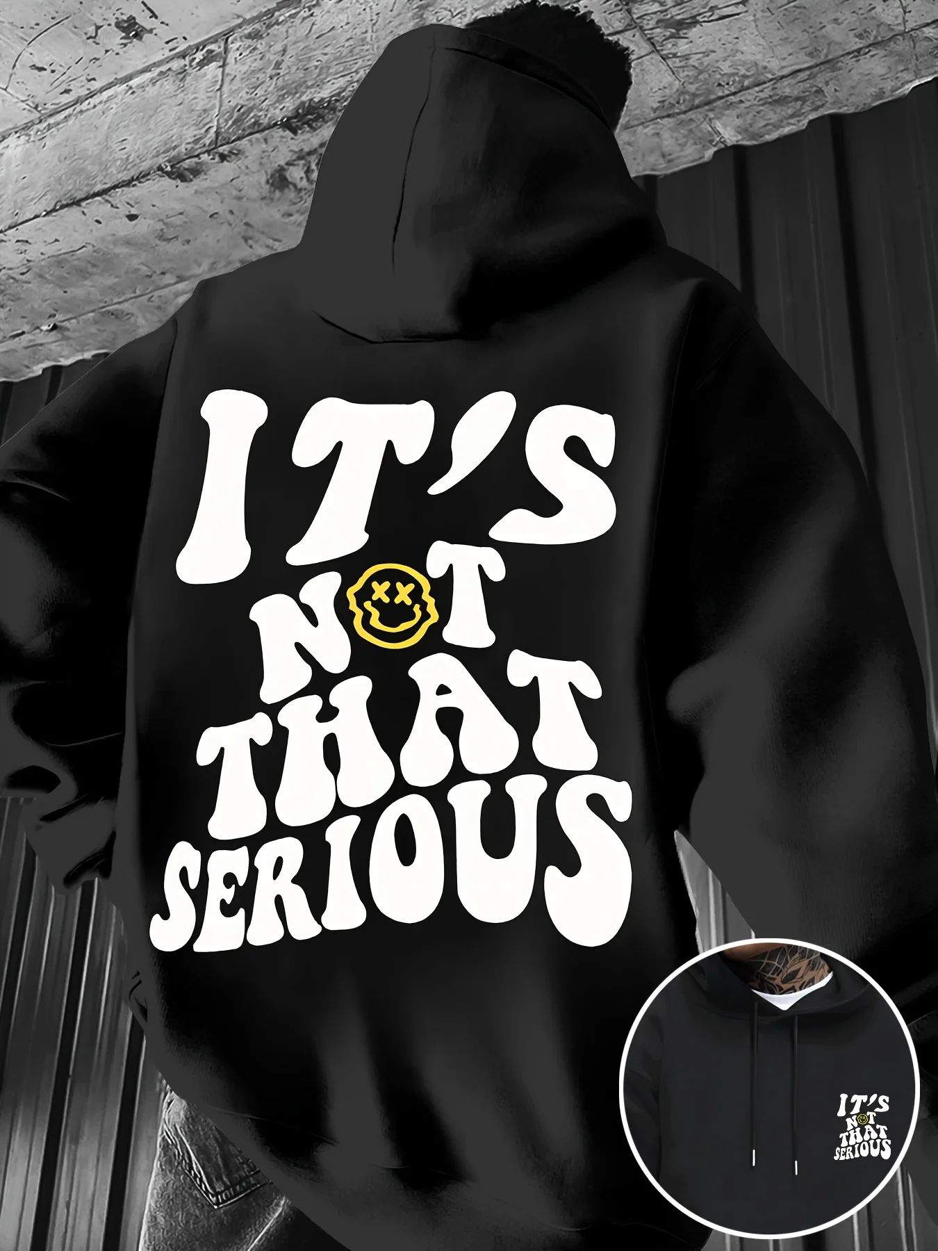 Relaxed vibe guy hooded pullover with quirky smiling face text pattern print - casual and loose street hooded sweater