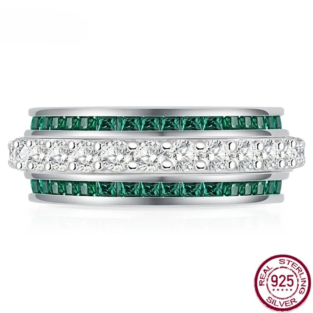Yaranyan Solid 925 Sterling Silver Emerald Ruby High Carbon Diamonds Gemstone Rotatable Ring Wedding Band Gifts Fine Jewelry