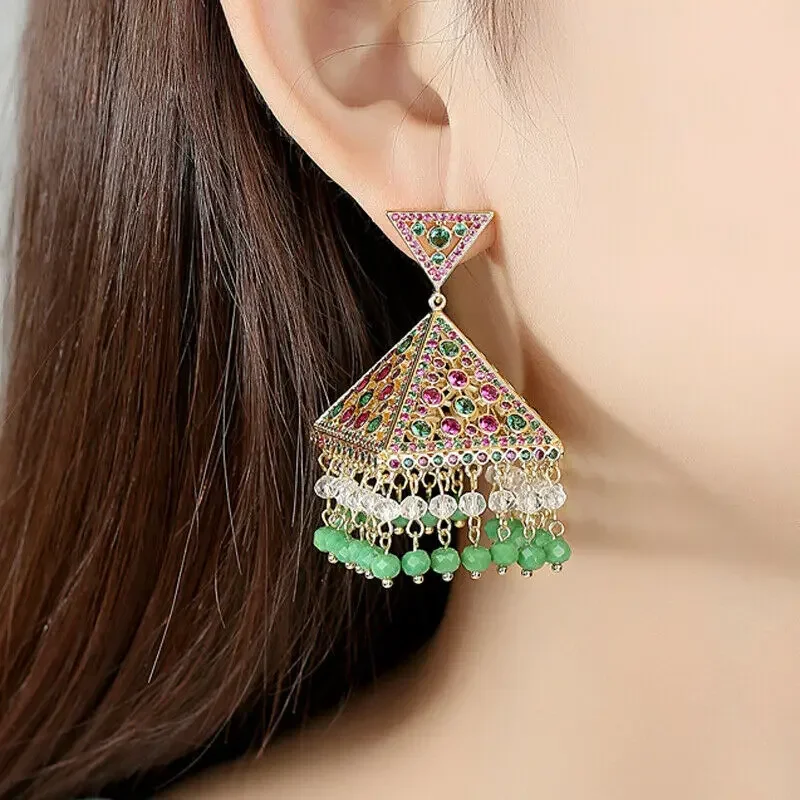 Green Beads Drop Earring Vintage Copper Inset Zircon Jhumka Jhumki Women Retro Indian Ethnic Style Hollowed Out Party Jewelry