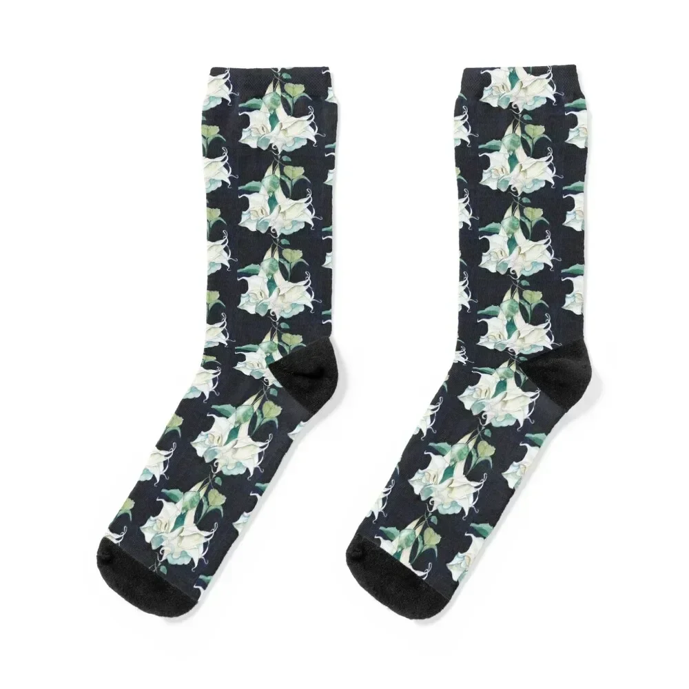 Original watercolour painting of White Angel's trumpets (Brugmansia) Socks essential new in's retro golf Socks Woman Men's