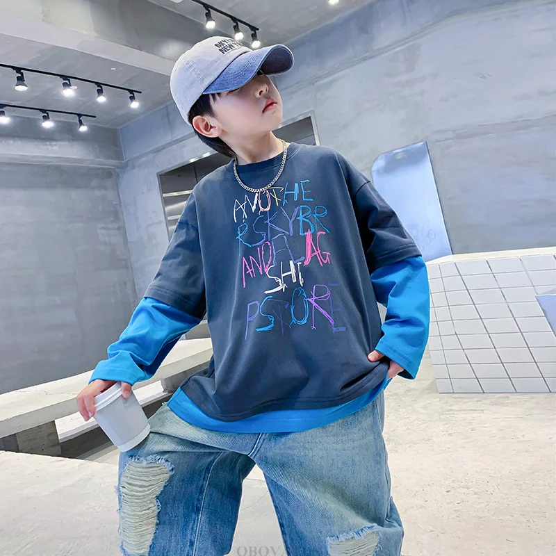 Spring Children Two Piece Long Sleeve Sweatshirt For Boys Fashion Spring Cotton T-shirt Outfit Clothes Kids Teenager Casual Tops