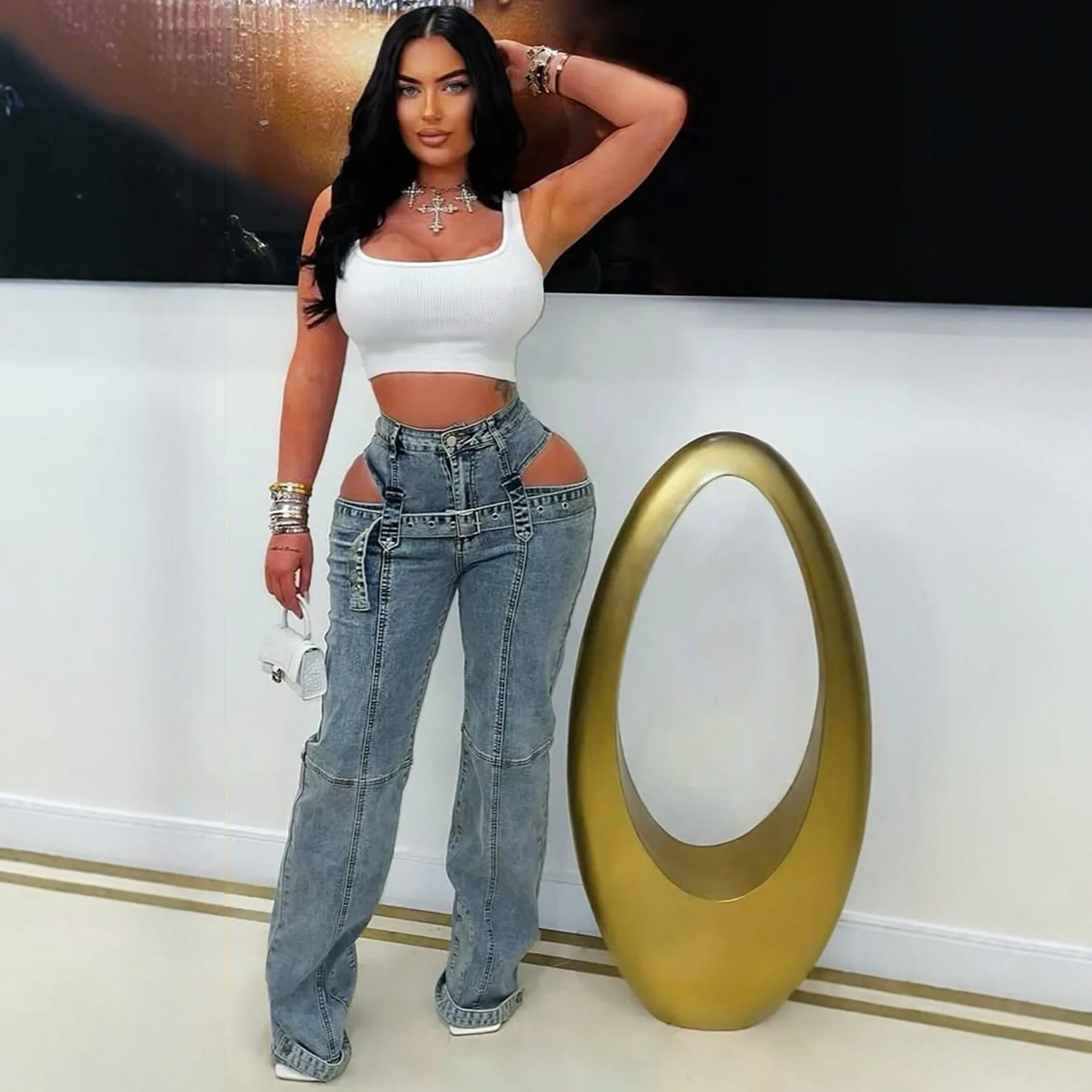 Carga denim oco para fora calças de cintura alta jeans moda y2k streetwear 2025 mulheres inverno outono roupas calças jeans lápis