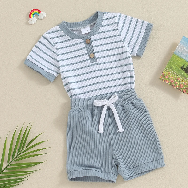 Infant Baby Boy Girl Clothes Set Short Sleeve Ribbed Stripe Romper and Solid Shorts Sets 2Pcs Summer Outfits