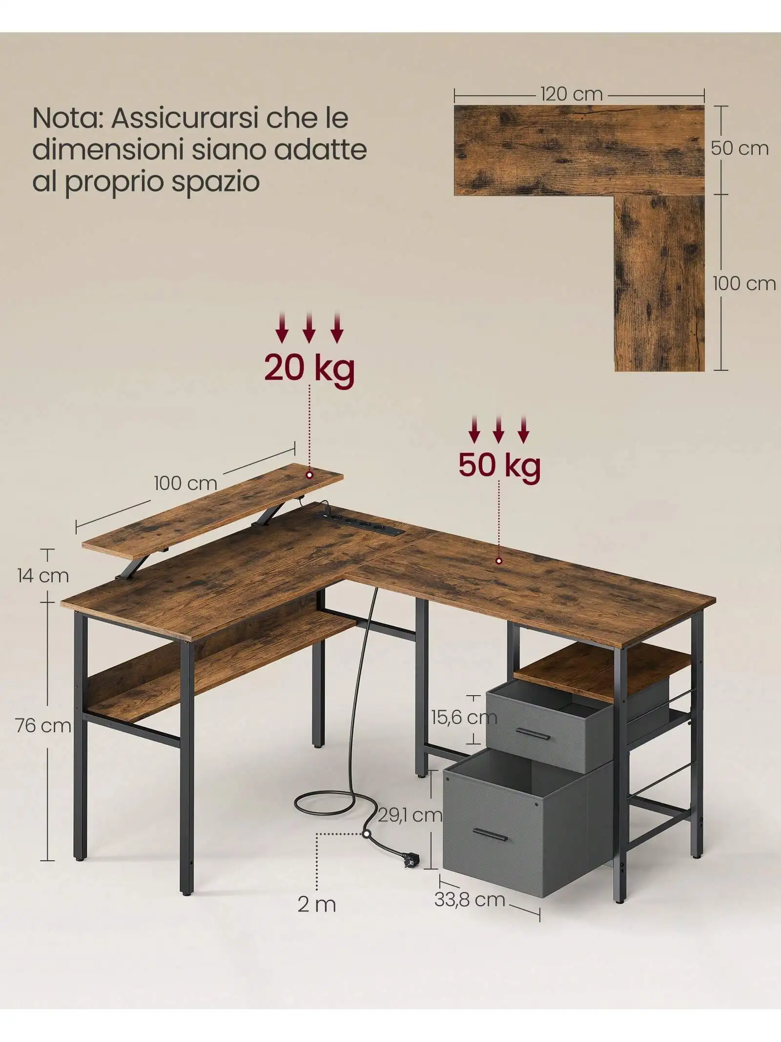 Scrivania da gioco a forma di L VASAGLE: prese di corrente, supporto per Monitor, luci a LED. 2 cassetti, facile montaggio. Ufficio a casa. Marrone