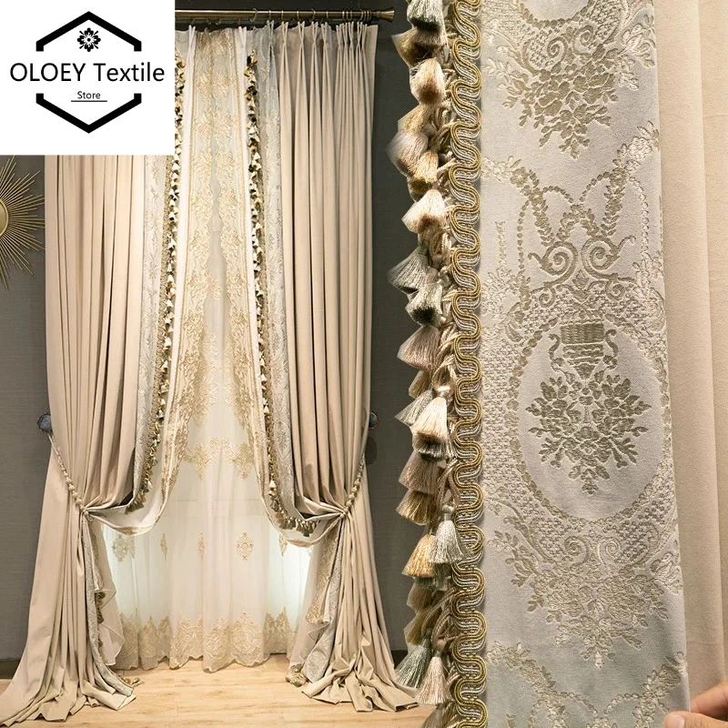 Luxury French Milk Tea Color Embroidered Velvet Splice Curtains for Living Room Bedroom High Grade Custom Blackout Drapes Tulle