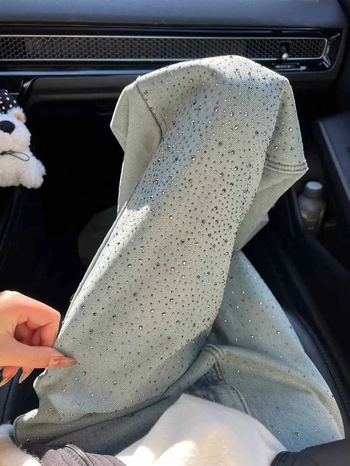 

Блестящие джинсы с высокой талией и прямым кроем, инкрустированные стразами, женские, новинка 2026 года, модные, утягивающие, популярные, с бриллиантовой отделкой, длинные брюки