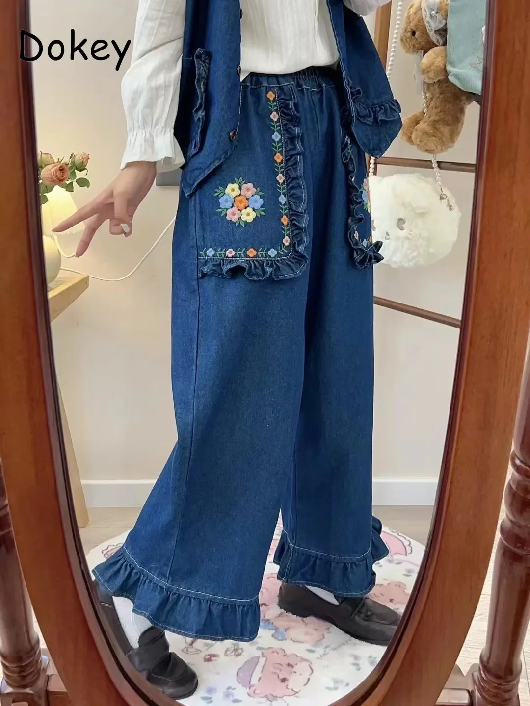 Vintage Embroidery Blue Denim Pants For Women Japanese Mori Girl High Waist Ruffled Straight Jeans Casual Retro Wide Leg Trouser