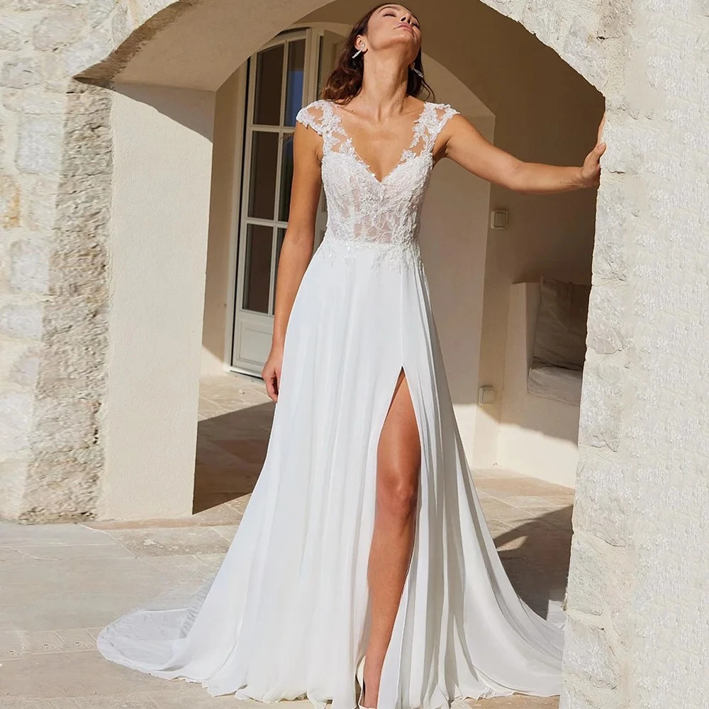 Beach Wedding Dress Bridal Gown Customized Cap Sleeve V Neck Lace Applique Split A Line Chiffon Lady Bride Dresses