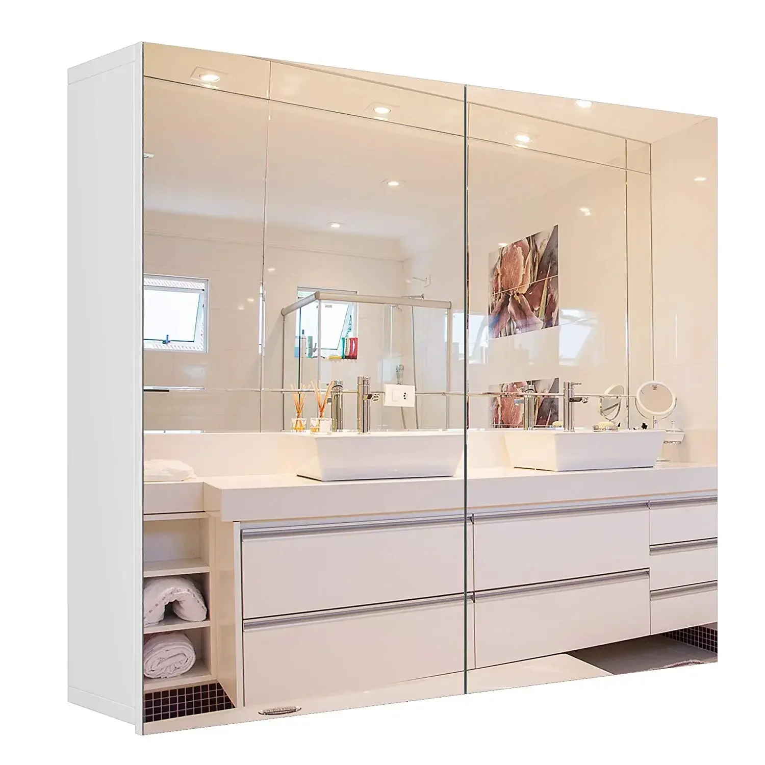 Bathroom Mirror Cabinet Double Door with Framless Wall Mounted Storage Medicine Cabinet Medicine Wall Cup Board 70x60cm