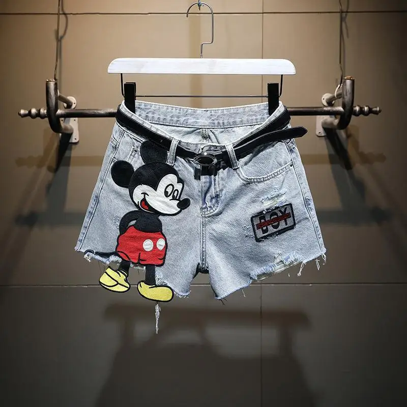 

Disney Embroidered Mickey Summer High Waist Denim Shorts For Women Trendy Versatile Straight Leg Shorts Loose Niche Design Jeans