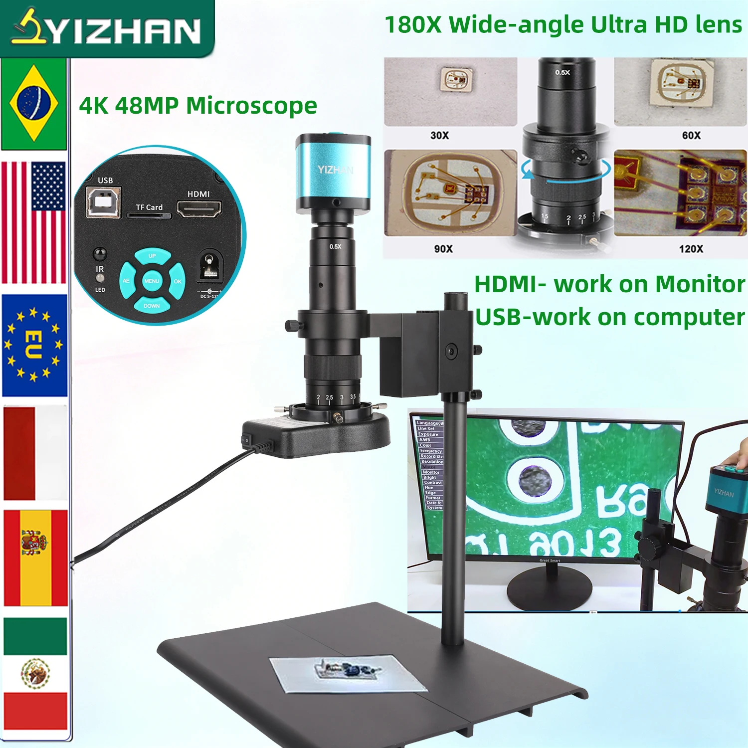 YIZHAN 4K 1080P HD Electronic Microscope HDMI 60PFS USB Microscope Camera Industrial Video Digital Microscope For PCB Soldering