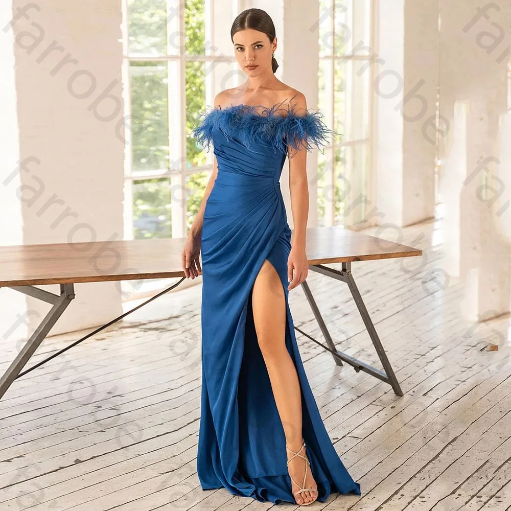 Robe de soirée longue personnalisée bleu marine foncé pour femme, plumes lancées, fente Hogh, longueur au sol, fête de Rh, quelle que soit la femme, occasion formelle