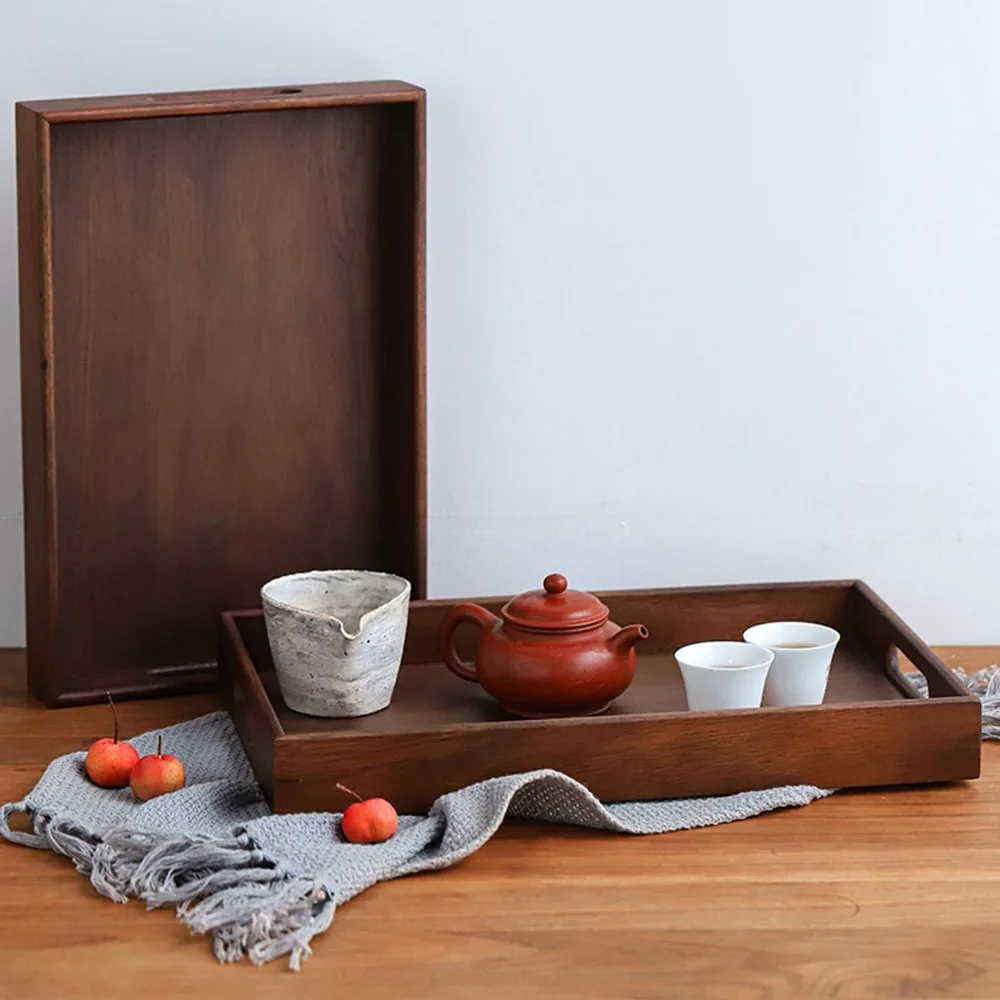 

Lightweight Wooden Tea Tray Flat Rectangular Polished Decorative Platter Edge Reinforced Retro Coffee Serving Tray Home Storage