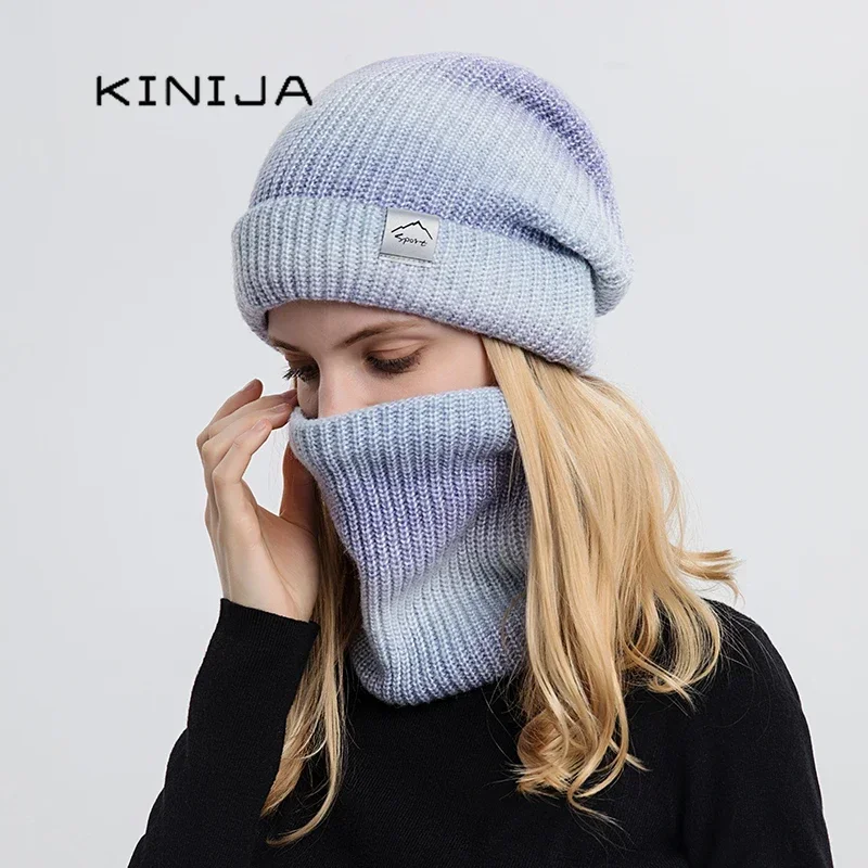 Women Winter Hat Gradient Striped Ski Hat Neck Warmer Female Tie Dye Beanie Russia Outdoor Thicken Plush Hat+Scarf Set